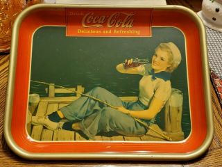 Vintage 1940 Coca Cola Tray - Fishing Girl With Sailor Cap