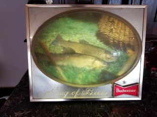 Vintage Budweiser King Of Beers Lighted 3d Trout Fishing Light Sign Good Cond