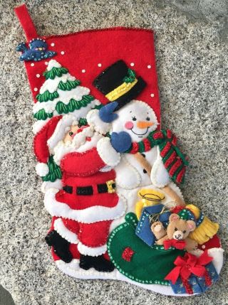 Vtg Bucilla Felt Christmas Stocking Finished Santa Snowman Toys Beads Sequin