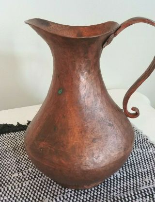 Vtg Solid Heavy Hammered Copper Water Pitcher 10.  5 " Patina