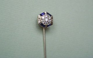Art Deco 14k White Gold Diamond & Sapphire Stick Pin 2