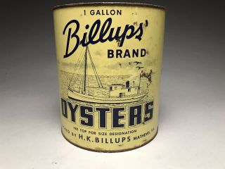 Vintage Billups Brand 1 Gallon Oyster Can Tin Mathews Va