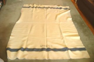 Vintage Wwii Era Us Navy Wool Blanket 54 " X77 " Blue Stripe Both Ends Very