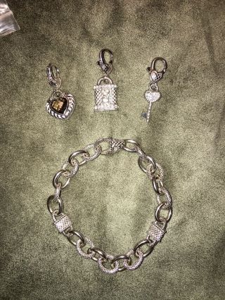 Judith Ripka Sterling Silver Cz Puffy Heart Charm Link Bracelet,  17.  4 Grams