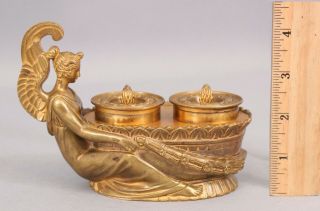 Rare Antique 1920s French Empire Dore Gold Gilt Bronze Angel Double Inkwell