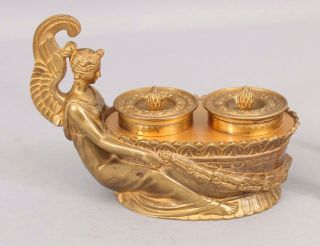 Rare Antique 1920s French Empire Dore Gold Gilt Bronze Angel Double Inkwell 2