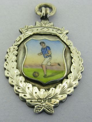 Antique Solid Sterling Silver Enamel Football Watch Fob Medal Pendant 1911