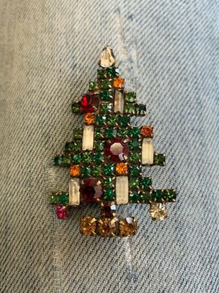 Vintage Weiss Christmas Tree Pin Brooch 5 Candle Large Crystal Deco Rhinestone