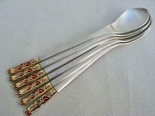 Fine Quality Set Of 6 Sterling Silver Gold & Enamel Decorated Korean Tea Spoons