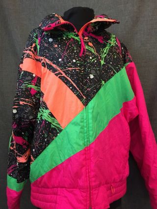Snuggler Seattle Retro Vintage 80’s Neon Ski Snow Jacket Women Size Large Coat