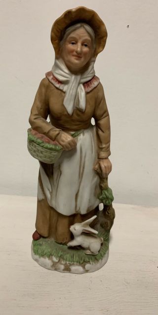 Vintage Home Interiors Old Lady Woman With Basket & Rabbit 1409 Figurine Homco