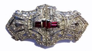 Stunning Signed Coro Duette Rhinestone Sparkle Clear,  Ruby Red Pin Brooch - Exc.