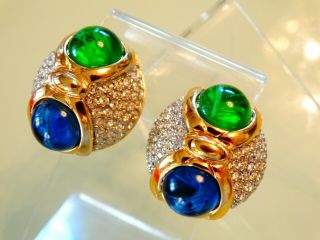 Vtg Christian Dior Mogul Emerald Sapphire Gripoix Domed Cabochon Runway Earrings