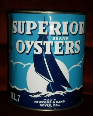 Vintage Superior Brand Oysters Tin Can 1 Gallon,  Dover,  Del