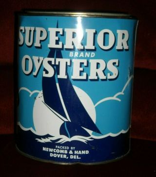 VINTAGE SUPERIOR BRAND OYSTERS TIN CAN 1 GALLON,  DOVER,  DEL 3