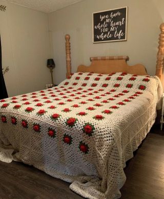 Vintage Crochet 140x130 (king) Granny Square Red 3d Roses Afghan Euc