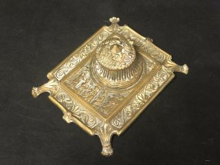 Antique Ornate Heavy Brass Inkwell Gothic Revival