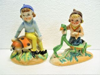2 Elf - Like Figurines Riding Insects,  A Beetle & Preying Mantis,  1 Occupied Japan
