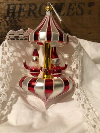Rare Vintage Christopher Radko Peppermint Twist Red & White 3 Santas On Carousel