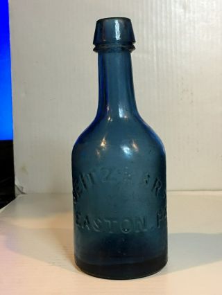 7 1/16 " Tall Blue Bottle,  Very Thick,  Seitz & Bro,  Easton,  Pa. ,  1860`s