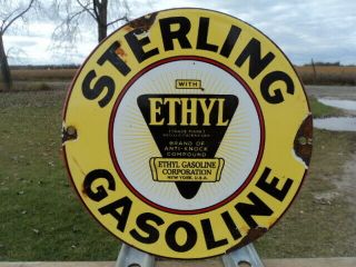 Old Sterling Gasoline With Ethyl Porcelain Enamel Gas Pump Sign York U.  S.  A.