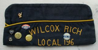 1930s/40s United Auto Workers Hat/cap With 12 Pins U.  A.  W.  C.  I.  O.  Ford Local 196