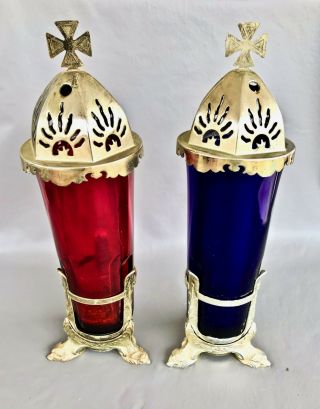 Church Candle Holder Red & Cobalt Glass Art Deco Era A.  Gross Co.  Baltimore Rare