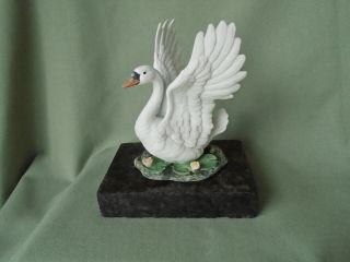 Vtg Mute Swan Andrea By Sadek 6388 Porcelain Figurine Granite Base Stand Plinth