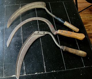 3 Antique Primitive Wood Handle Sickle/scythe Farm Tool 1 Stamped Hercules