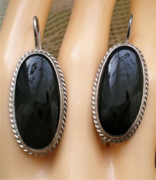 Large Vintage Russian Russia Ussr Sterling Silver Black Agate Dangle Earring