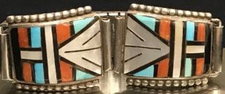Vintage Zuni He Cellecion Sterling Silver Multi Stone Inlaid Watch Band,  Signed