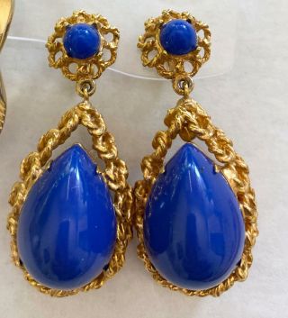 Pauline Rader Vintage Earrings Cobalt Blue Cabochons Gold Filigree Chandeliers