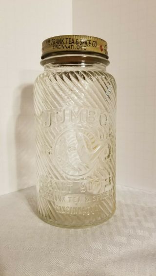Vintage Franks Jumbo Brand Peanut Butter Glass Jar 1930 Large 2 Lb Jar Orig Lid