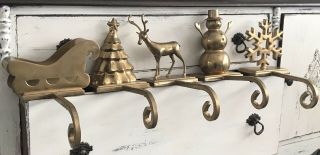 Vintage Heavy Brass Christmas Stocking Mantel Hook Holder Set 5 Tree Deer Sleigh