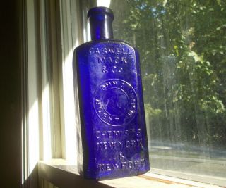 Cobalt Blue Caswell Mack & Co 1860s Big Square Medicine Bottle Labor Omnia
