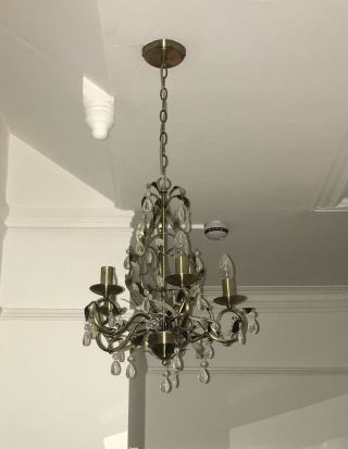 Antique Bronze Chandelier - 5 Light Bulb Fittings With Leaf & Crystal Detailing