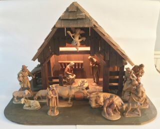 Vtg Anri Kuolt Hand Carved Wood Nativity Set 6 " Scale 16 Figures,  Stable Italy