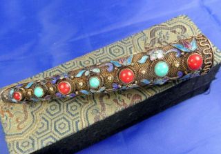 Stunning Vintage 1950s /60s Chinese Silver Gilt Enamel Coral & Turquoise Finger