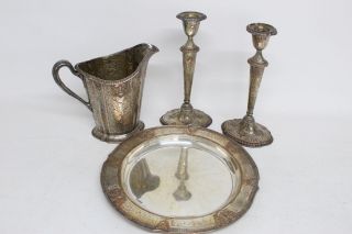 4 X Antique Silver Plate Profusely Engraved Jug,  Candlestick & Tray Set (3284g)