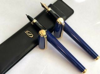 S.  T Dupont Fidelio Blue Lacquer Fountain Pen & Rollerball Pen - 2 Pen Set