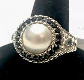 Judith Ripka Signed Hsn Sterling Silver Ring With Mabe Pearl Blue Stones Size 8