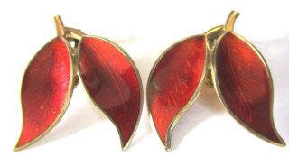 David Andersen Norway Red Enamel Sterling Silver Leaf Earrings