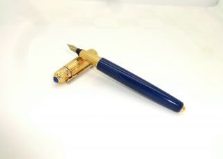 Estate 1987 0414 Pasha De Cartier Gp Blue Lacquer 18k Nib Piston Fountain Pen