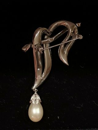 Vintage Signed Trifari Branch Brooch With Faux Pearl Teardrop 3