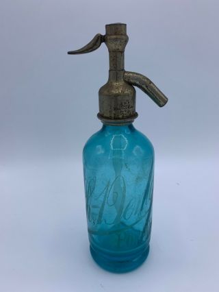 Art Deco Antique Soda Syphon,  Stunning French Turquoise Glass Paris
