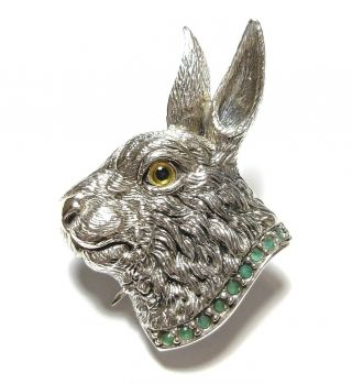 Stunning Modern Victorian Style Silver Hare Brooch Emerald Green Stones