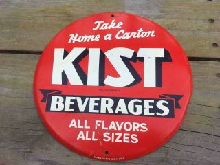 Old Take Home A Carton Kist Beverages Tin Advertising Button Soda Sign