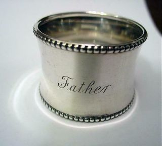 Antique Gorham Sterling Napkin Ring W/ Beaded Rims Engraved Father B2335 19.  3 Gr