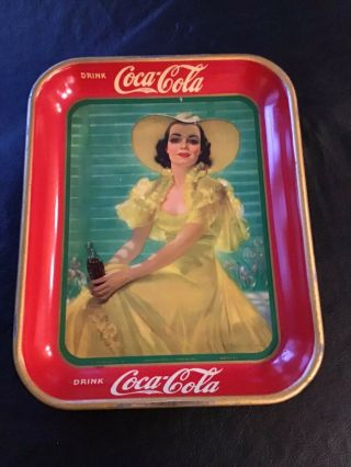 Vintage 1938 Coca Cola Metal Tray / Lady With Yellow Dress