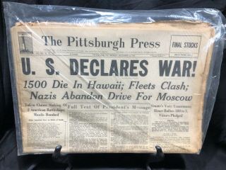 Vintage 1940’s Newspaper December 8,  1941 U.  S Declares War,  1500 Die In Hawaii